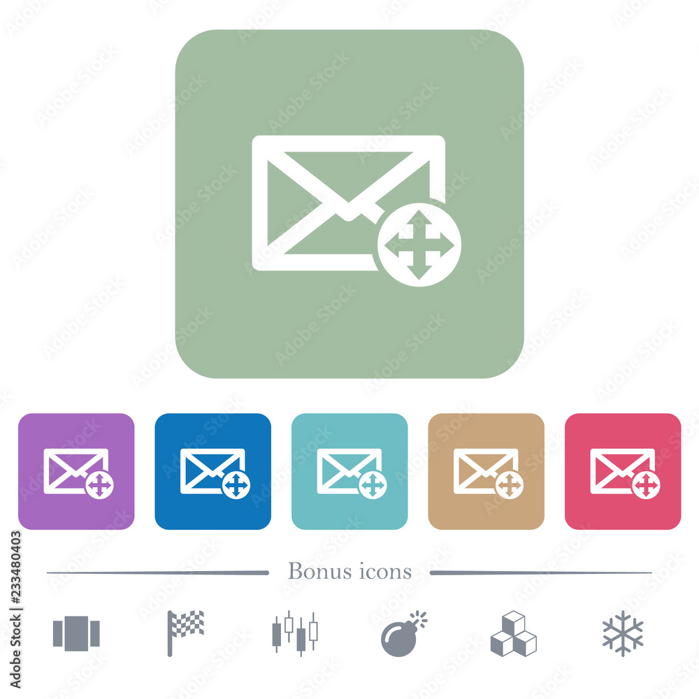 Aufkleber move mail flat icons on color rounded square backgrounds