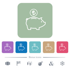 Turkish Lira piggy bank flat icons on color rounded square backgrounds