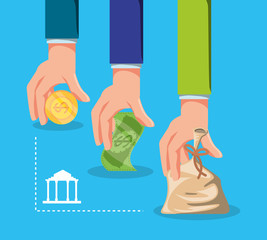 hands with money with bank building