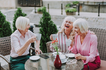Waist up photo of white-haired ladies. Beautiful old female sitting on the couch and holding cups with tea