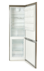 Modern refrigerator with open door on white background