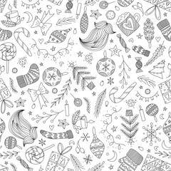 vector christmas doodle seamless pattern with ornaments, santas sock, mitten, beard, pine tree, candy cane, lollipop, bow, candies, stars, christmas tree lights, presents. christmas wrapping paper.