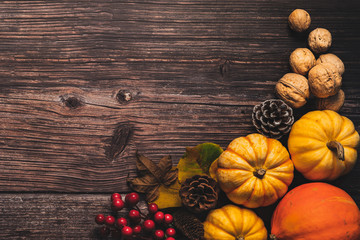 Happy Thanksgiving Day with pumpkin and nut on wooden table