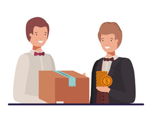 Obraz premium young men with cardboard box and coins