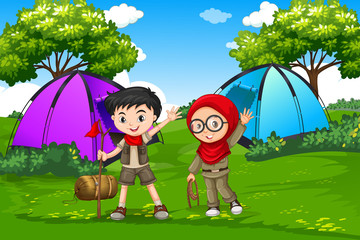 Plakat Boy and girl scout camping in forest
