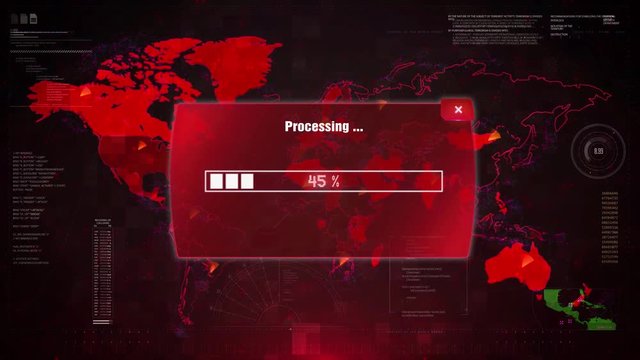 ACCESS DENIED Alert Warning Message Attack on Screen. Wire Frame World map Radar Network Glitch Distortion. Login, Password and Progress Bar Futuristic UI Elements HUD Sci Fi Interface.