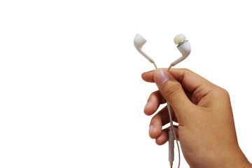 male hand holding a one of damage earphone with isolated background and copy space - 233484681