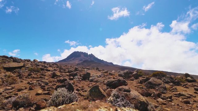 Time lapse shot of rocks, plants and nature, blue sky and the clouds moving above mount Kilimanjaro summit, on a sunny day, in Tanzania, Africa