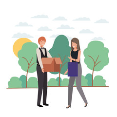 cuople with cardboard box and shopping bag in landscape