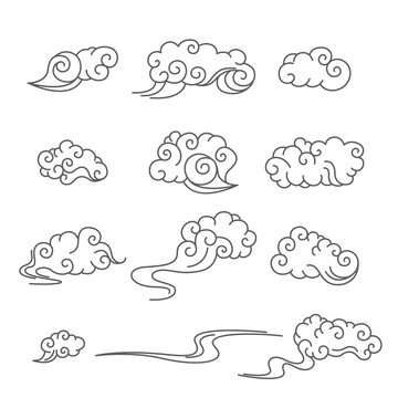 Set of stylized Chinese clouds on white background