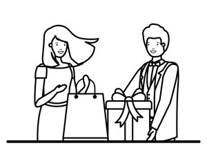 young couple with shopping bag and gift box