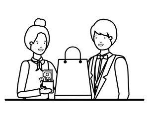 couple young with shopping bag avatar character