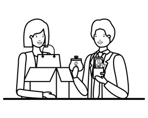 couple with cardboard box and money avatar character