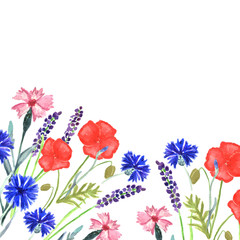 Watercolor painted wedding invitation. Cornflower, lavender, sweet pea  and poppy flowers pattern