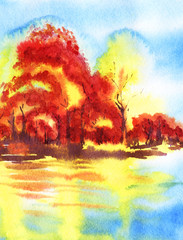 Obraz na płótnie Canvas Autumn landscape. Red and yellow trees; blue water, bright sky. Hand drawn watercolor illustration