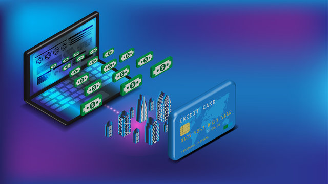 Isometric Raptop Internet Banking And Credit Card Can Make Smart City Cashless Technology To Money Transfer, Financial Transaction Flat.3d Vector Concept Illustration.