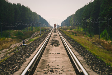 Fototapeta premium Mystic train travels by rail along forest. Railway traffic light and locomotive on railroad in distance. Mirage on railway track. Atmospheric landscape.