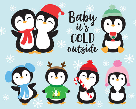Cute baby penguins in winter outfits vector illustration. Penguins wearing winter scarf and hat.