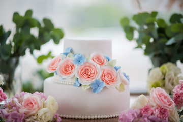 Obraz na płótnie Canvas beautiful wedding cake, white cake wedding decoration