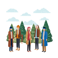 group of people with winter clothes and christmas trees avatar character