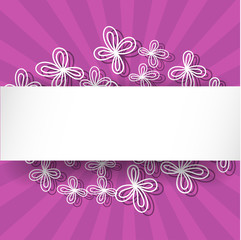 Violet rays background with abstract white flowers and place for text.