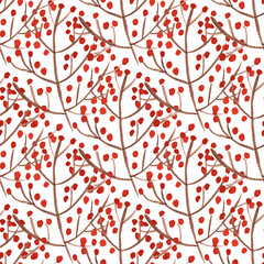 Watercolor seamless pattern with red berry branches.