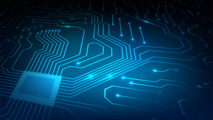Background with glowing microcircuits and a processor, abstract blue technological background, motherboard