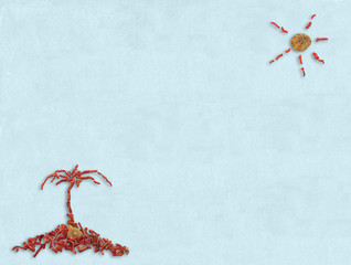 summer decoration on background.Lay flat coral and shell