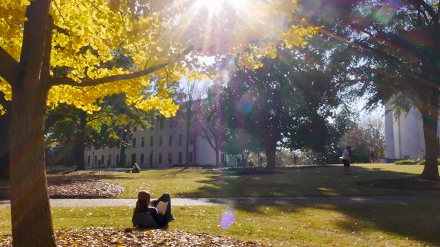 Athens, GA - October 21, 2018: Female undergraduate student relaxing and reading on the lawn of The University of Georgia's North Campus in Athens, Georgia on a colorful fall day.