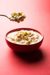 Sweet Rabdi or Lachha Rabri or basundi, made with pure milk garnished with dry fruits. Served in a bowl over moody background. Selective focus