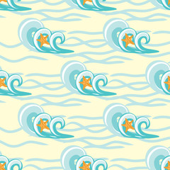 Fototapeta na wymiar Background waves and starfish, seamless sea pattern
