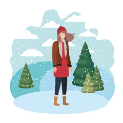 Fototapeta na wymiar young woman with winter clothes and winter pines avatar character