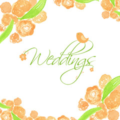 Wedding card with peach peonies and cute bird. Watercolor painted vector card.