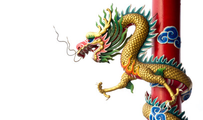 golden Chinese dragon on the red pole
