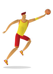 basketball player in yellow red uniform with the ball