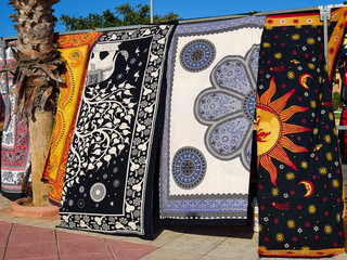 Indian style fabrics textile in street market shop display