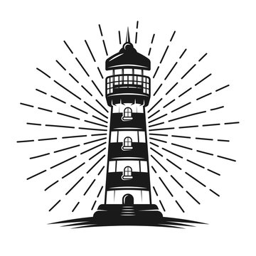 Lighthouse with rays vector black illustration