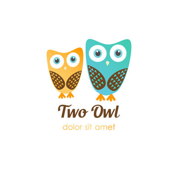 Two owl logos in flat style. Vector logotype for shop, entertaiment, education company, school, kindergarden, library and other