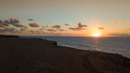 aerial view west coast of Fuerteventura at sunset