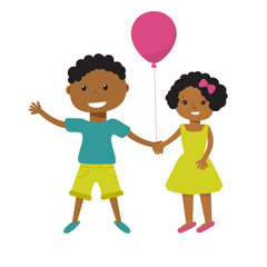 Two cute cartoon african american children with pink balloon holding hands. Older boy and smaller girl, brother  sister, or friends illustration