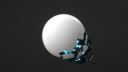 Fractured white sphere with blue glow
