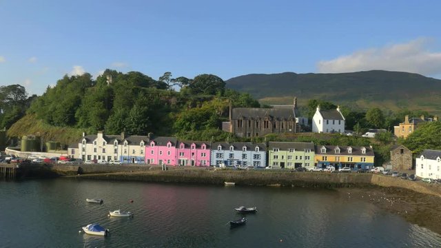 Aerial view of Tobermory harbour and town Highlands Scotland UK
