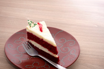 red velvet christmas cake on wooden floor
