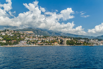 Fototapeta premium Coast of the Adriatic Sea in Montenegro, blue sky with clouds