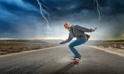 Teenager girl ride her skateboard. Mixed media