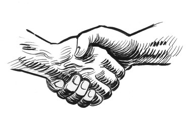 Obraz premium Strong handshake. Ink black and white illustration