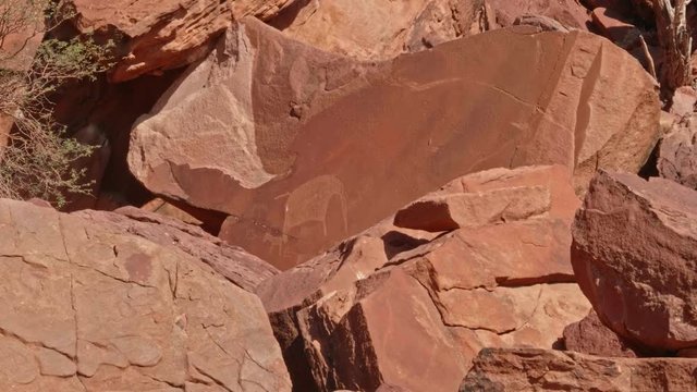 Ancient rock drawing of elephant in Twyfelfontein, Namibia landscape, WIDE SHOT