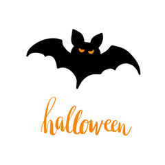 Black Halloween bat silhouette.  lettering text. Abstract vector illustration.