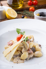 Italian pasta with cheese and mushrooms