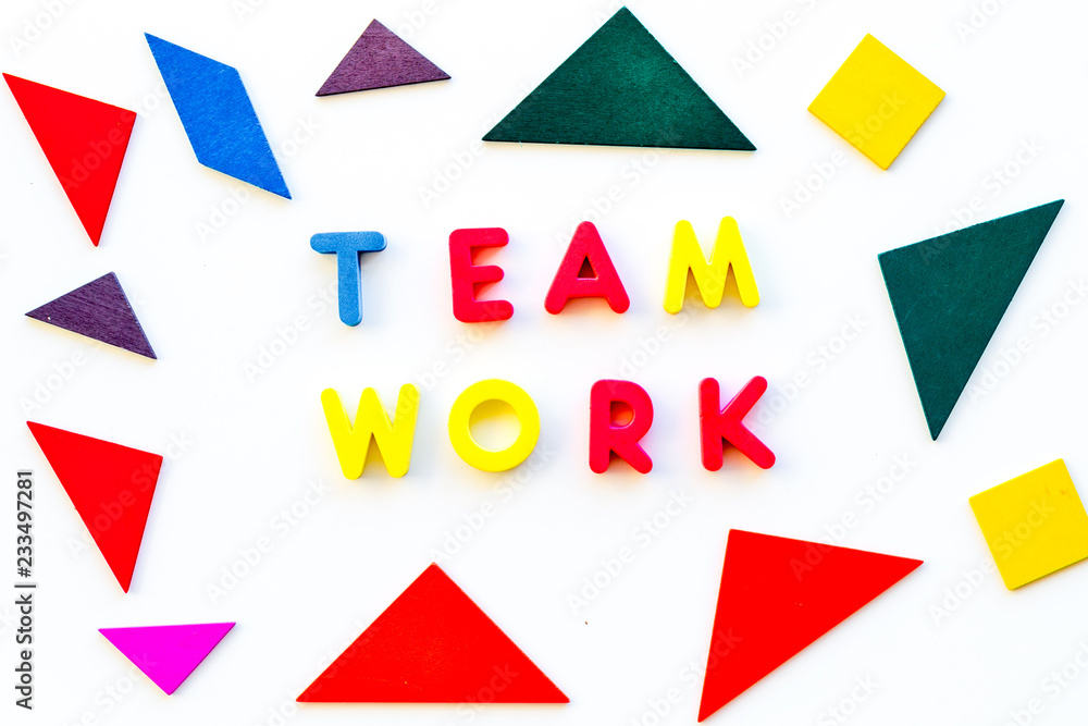 Poster teamwork concept. teamwork techniques for students. text teamwork lined with colored letters in abst